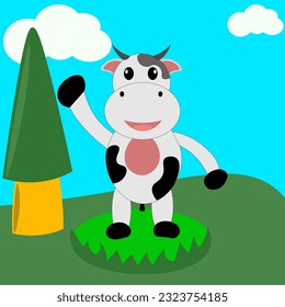 one of the works that I made, depicts the character of a cow in a farm field that expresses happiness, can be implemented in digital and print media