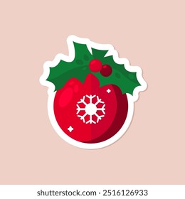 one xmas isolated flat simple red tree toy with red mistletoe. christmas vector simple flat art of tree toy. cristmas illustration for cards, stickers, posters, prints. xmas tree decor element