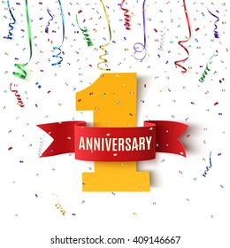 One year anniversary background with red ribbon and confetti on white. Poster or brochure template. Vector illustration.