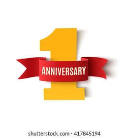 One year anniversary background with red ribbon on white. Poster or brochure template. Vector illustration.