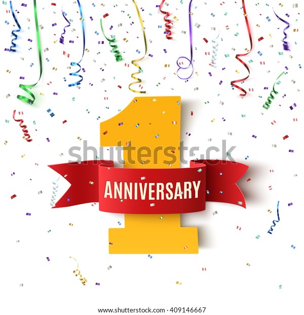 One\
year anniversary background with red ribbon and confetti on white.\
Poster or brochure template. Vector\
illustration.