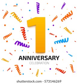 One Year Anniversary Banner. 1 Year Jubilee Celebration Poster. Gold Number One With Colored Falling Confetti On White Background. Vector Illustration