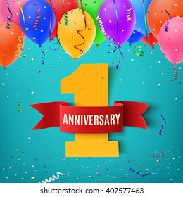 One Year Anniversary Celebration Background With Red Ribbon Confetti And Balloons. Party Poster Or Brochure Template. Vector Illustration.