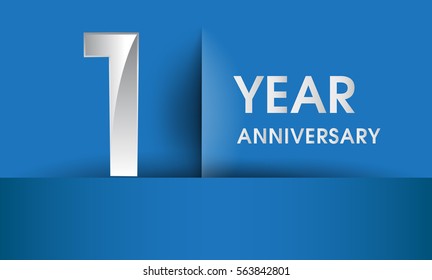 one year Anniversary celebration logo, flat design isolated on blue background, vector elements for banner, invitation card and birthday party.