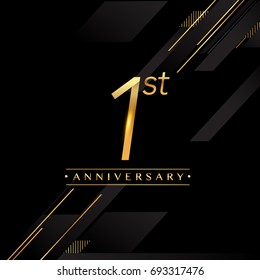 one year anniversary celebration logotype. 1st anniversary logo golden colored isolated on black background, vector design for greeting card and invitation card.