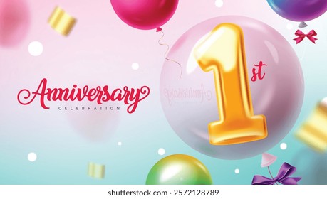 One year anniversary clipart banner design.1st anniversary celebration with floating balloons and number 1 foil inflatable gold balloon clip art in blurred bokeh background. Vector illustration