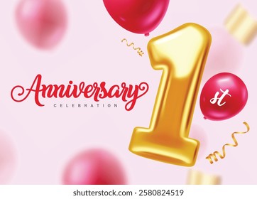 One year anniversary clipart design. Anniversary greeting text clip art with number 1 metallic gold balloon elements in red balloon blurred background. Vector illustration simple invitation card 