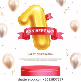 One year anniversary clipart design. 1st anniversary greeting with red podium and 1 inflatable balloon clip art for wedding happy celebration and business achievement card template vector illustration