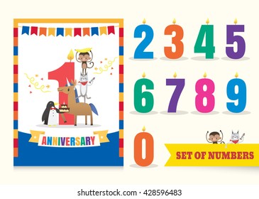 one year anniversary kids birthday celebration background with ribbon bunting animals cartoon and numbers template