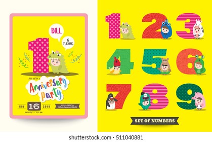 one year anniversary kids birthday celebration background with children cartoon in costume and numbers template