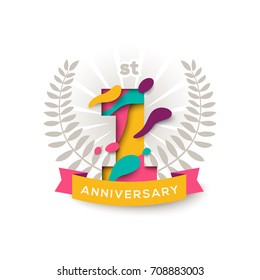 One year anniversary logo celebration background with abstract paper cut shapes and ribbon isolated on white. Poster, greeting card and brochure template. Vector illustration. Laurel wreath