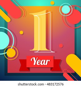 One year anniversary logo template with red ribbon vector color swsign template
