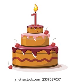 Un año de aniversario. Pastel de cumpleaños vectorial. Torta de vacaciones con velas.  Gran tarta de cerezo con fondo blanco. Un bebé de un año.
