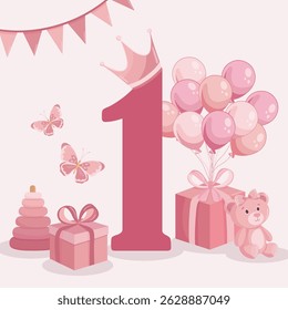 One year baby girl banner with pink party and kids elements perfect for first year birthday greeting card and celebration decoration