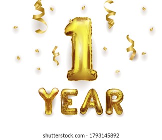 One year of birth. Number 1 flying foil balloon. Golden number one made of inflatable balloon isolated on white background