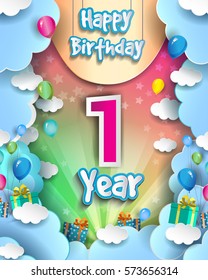 one Year Birthday Celebration Design for greeting cards and poster, with clouds and gift box, balloons. design template for birthday celebration.