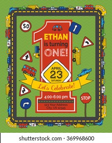 One year Birthday invitation for boy. Hand-drawn doodles traffic signs and cars. Vector illustration.