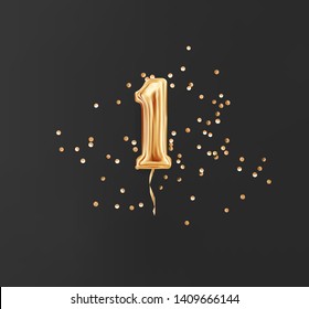 One year birthday. Number 1 flying foil balloon and gold confetti on black. One-year anniversary background. 