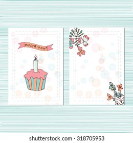One year. Birthday. Template. Postcard invitation. Cake with candles. Set. Sketch doodle.
