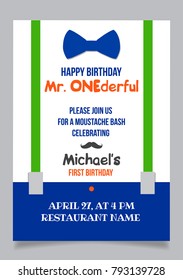 One year boy birthday invitation card for moustache party.