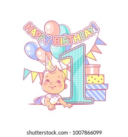 One year boy sitting near large number 1. First year celebration. Little boy's birthday party. Happy boy wearing bow tie and white shirt. Air balloons, gifts, bright colors. Vector illustration.