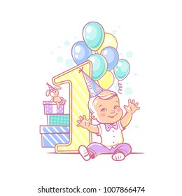One year boy sitting near large number 1. First year celebration. Little boy's birthday party. Happy boy wearing bow tie and white shirt. Air balloons, gifts, garland. Colorful vector illustration.