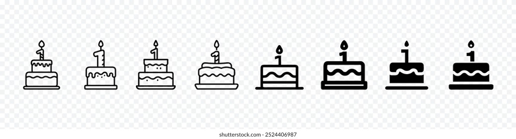 Icono de la torta de los acontecimientos de la celebración de un año, sistema del Vector del icono de la torta. Esquema de pastel con símbolo de velas, conjunto de iconos de pastel de cumpleaños, icono de pastel de cumpleaños simple, conjunto de iconos de pasteles de cumpleaños