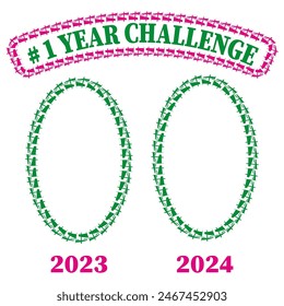 One year challenge. Pink and green text. Oval frame template. Vector design.