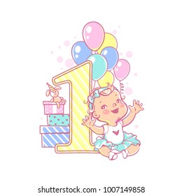 One year girl sitting near large number 1. First year celebration. Little girl's birthday party. Happy  girl wearing tutu skirt. Air balloons, gifts, crown, bright colors.     Vector illustration.