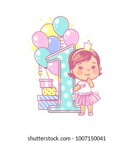 One year girl standing near large number 1. First year celebration. Little girl's birthday. Cute toddler girl wearing tutu skirt. Air balloons, gifts, crown, bright color. Party. Vector illustration.