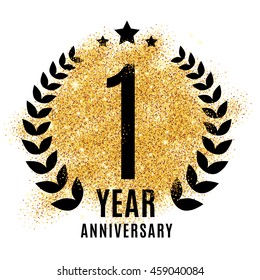 One year golden anniversary sign. Gold glitter celebration. Light bright symbol for event, invitation, award, ceremony, greeting. Laurel and star emblem, luxury elegant icon.
