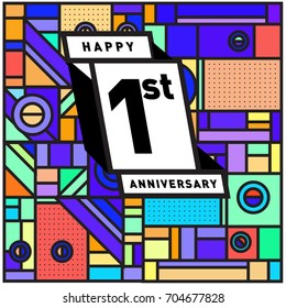One year greeting card anniversary with colorful number and frame. logo and icon with Memphis style cover and design template