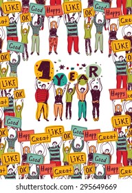 One year happy birthday crowd greeting card. Card with big group happy people.  Color vector illustration.