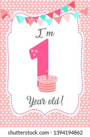 I am one year old - Baby Milestone card. Cute design with Pink background. - Vector