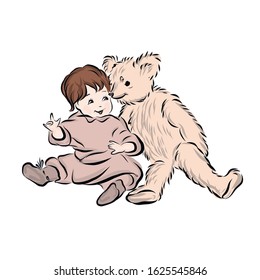 One year old baby with teddy bear. 