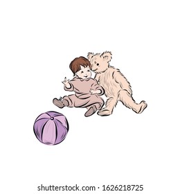 One year old baby with teddy bear with ball. 