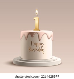 One Year. Vector Birthday Anniversary Sweet Cake. Greeting Card, Banner with 3d Realistic Burning Golden Birthday Party Candle, Number, Flame. Icon Design Template for Birthday Concept. Front View