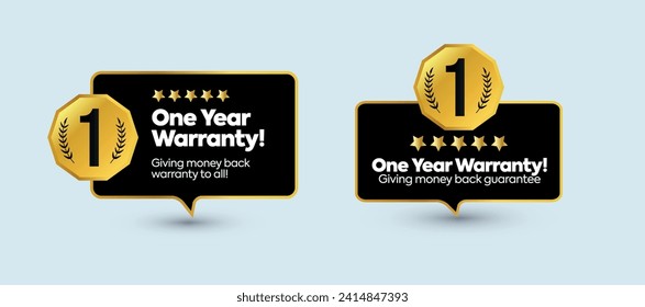One year Warranty. 1 year warranty with money back guarantee, two different designs of stamp, badge, label in golden and black colour with light cyan background. Warranty card, stamp, label design. 