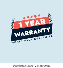 One year Warranty. 1 year warranty stamp, badge, label in red and dark blue colour with five star and money back guarantee on light cyan background. Warranty card, stamp, label design.