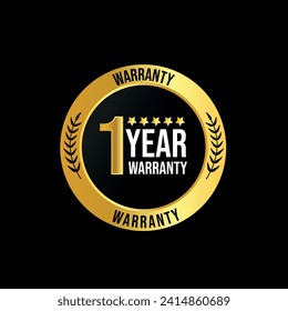 One year Warranty. 1 year warranty stamp, badge, label in golden and black colour with black background. Warranty card, stamp, label design. 