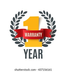 One Year Warranty background with red ribbon and olive branch on white. Poster, label, badge or brochure template. Vector illustration