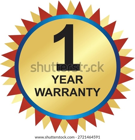 One year warranty badge. Sharp red and yellow points vector illustration.