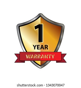 One year Warranty logo with red ribbon isolated on white background.