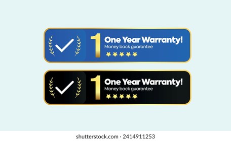 One year Warranty. Two different designs of 1 year warranty stamp, badge, label in golden and black and blue colour with light cyan background. Warranty card, stamp, label design, concept. 