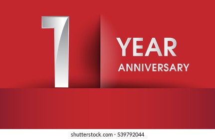 one Years Anniversary celebration logo, flat design isolated on red background, vector elements for banner, invitation card and birthday party.