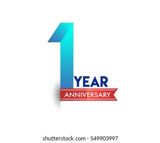 one years anniversary celebration logotype blue colored with red ribbon. 1st birthday logo on white background