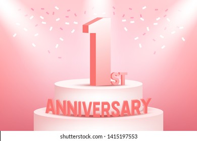 One years anniversary celebration on pink background.