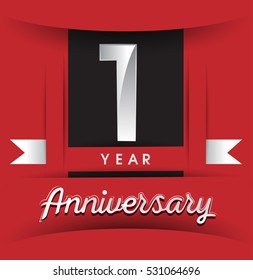one years anniversary logo with white ribbon isolated on red background, flat design style, Vector template elements for birthday celebration.