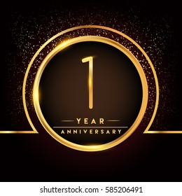 one years birthday celebration logotype. 1st anniversary logo with confetti and golden ring isolated on black background, vector design for greeting card and invitation card.