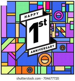 One years greeting card anniversary with colorful number and frame. logo and icon with Memphis style cover and design template